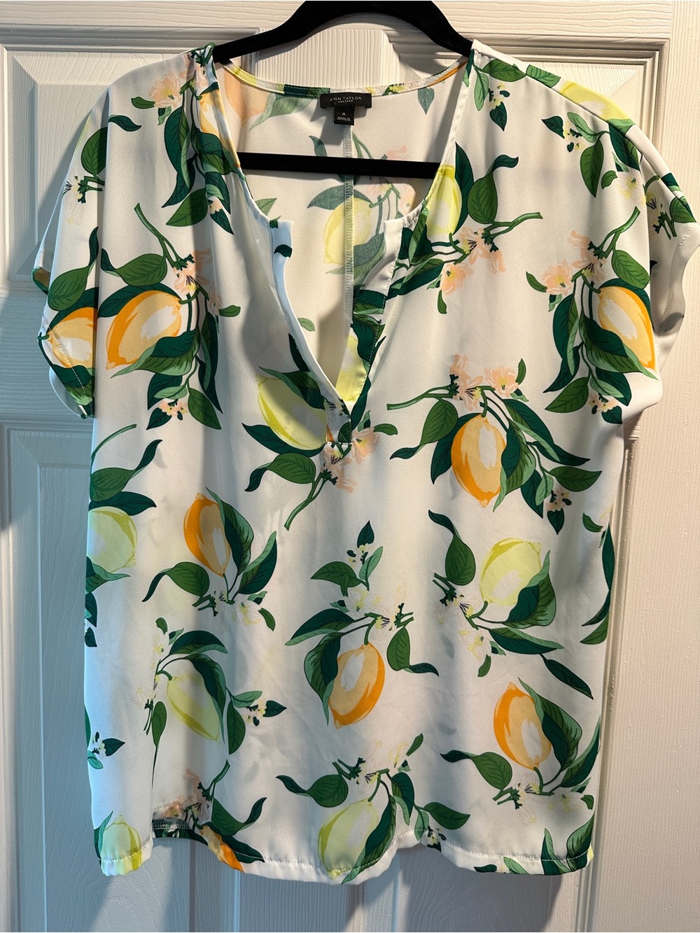Ann Taylor White Lemon-Print Split-Neck Top